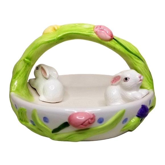 Ceramic Bunny Basket Whimsical Spring Garden Design Egg Candy Dish - Picture 1 of 7